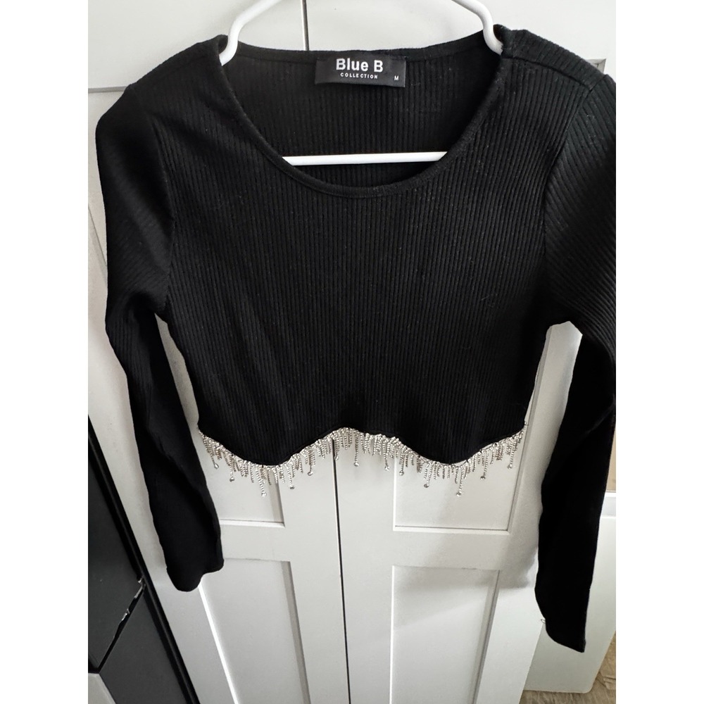 Blue B Collection Black Crop Top With Rhinestone Fringe Size M‎